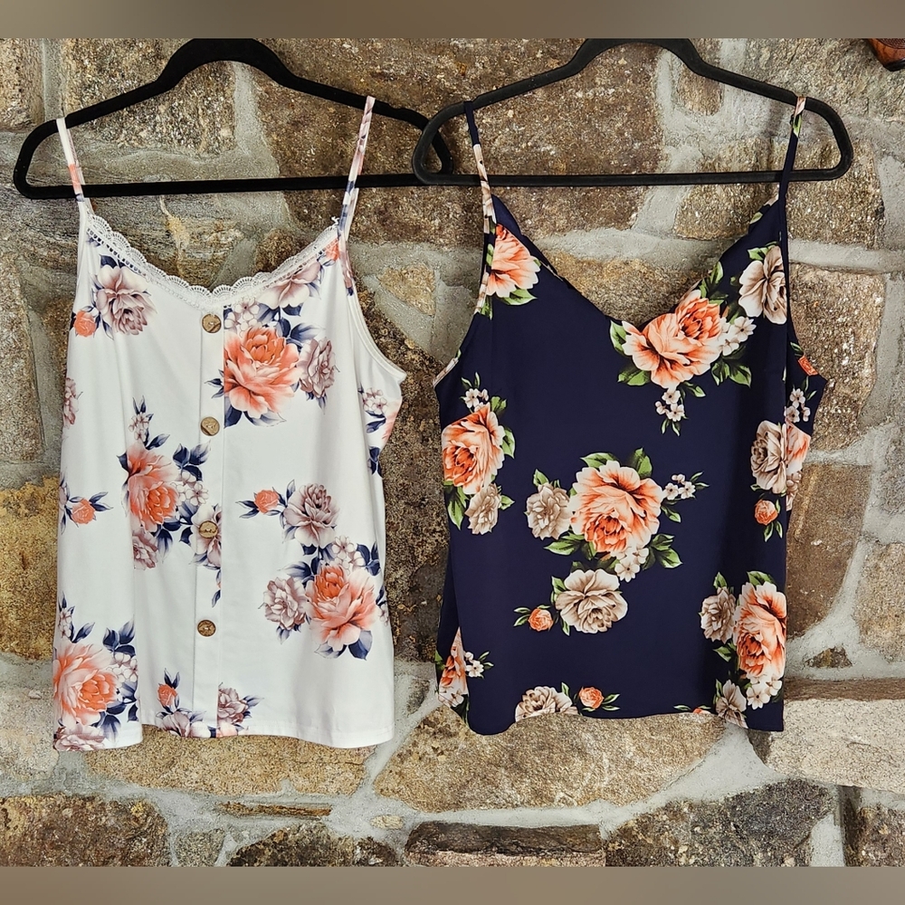 SHEIN Floral Camisole Tops - White and Navy with Pink and Orange